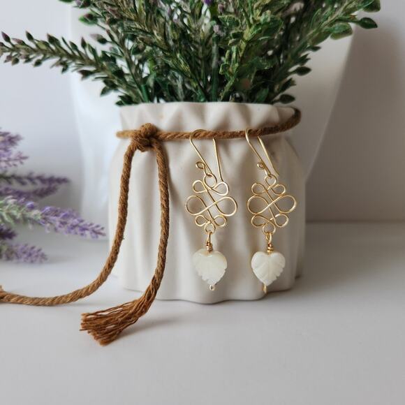 White Shell Heart Leaf Earrings / Gold Wire-Wrapped Dangle Earrings / Handmade - Picture 9 of 9